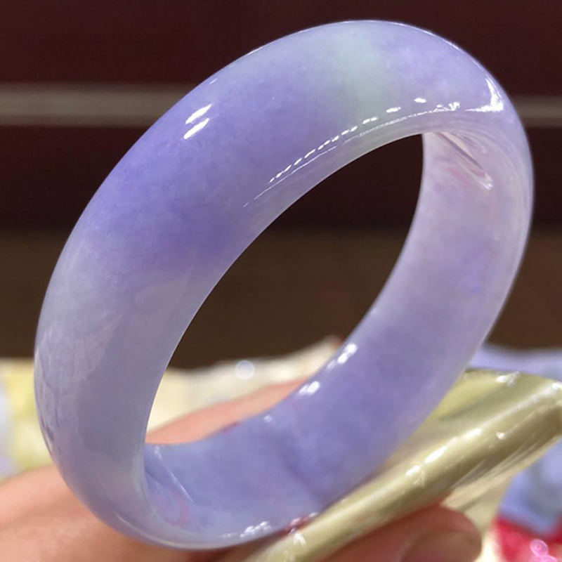 大艺珠宝 天然缅甸a货翡翠宽版轮胎冰种冰紫紫罗兰春彩玉手镯子女