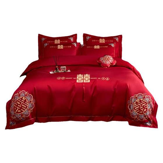 New Chinese -style big red wedding four -piece 100S long velvet quilt set pure cotton bed sheet wedding wedding bed supplies New Chinese -style big red wedding four -piece 100S long velvet quilt set pure cotton bed sheet wedding wedding bed supplies