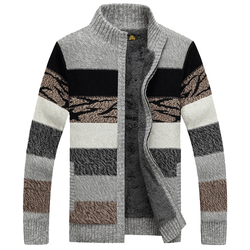 Men's sweater jacket plus velvet thickened warm stripe knit sweater long -sleeved long -sleeved wool jacket Men's sweater jacket plus velvet thickened warm stripe knit sweater long -sleeved long -sleeved wool jacket