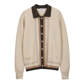 Momo ເຄື່ອງນຸ່ງຜູ້ຊາຍດູໃບໄມ້ລົ່ນແລະລະດູຫນາວໃຫມ່ Sweater Cardigan ຜູ້ຊາຍ Retro Jacquard ກົງກັນຂ້າມສີກະທັດຮັດ Casual Knitted Sweater Jacket