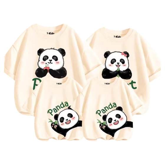 A family of three from Zhenwei Group, wearing summer children's short sleeved T-shirts and cartoon panda mother and child women's clothing A family of three from Zhenwei Group, wearing summer children's short sleeved T-shirts and cartoon panda mother and child women's clothing