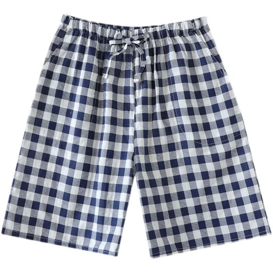 Pajama pants, men's shorts, pure cotton, summer home pants, gauze five piece pants, checkered beach pants, thin home style, can be worn externally Pajama pants, men's shorts, pure cotton, summer home pants, gauze five piece pants, checkered beach pants, thin home style, can be worn externally