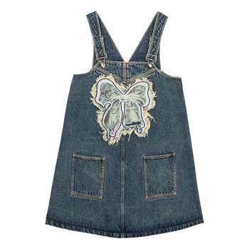 KEIKO Embroidered Bow Decorated Denim Suspender Skirt 2024 Summer Fashionable A-Line Slim Dress 2024