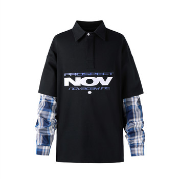 NOVACAM American high street casual ແຂນຍາວ cleanfit ແນວໂນ້ມແຫ່ງຊາດ embroidered ປອມສອງສິ້ນເສື້ອ POLO ວ່າງ fitting