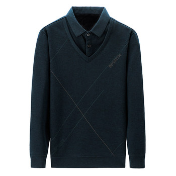 ເສື້ອຢືດຜ້າຂົນສັດ Hengyuanxiang ຜູ້ຊາຍປອມສອງສິ້ນ tops ສໍາລັບໄວກາງຄົນແລະຜູ້ສູງອາຍຸພາກຮຽນ spring ແລະດູໃບໄມ້ລົ່ນ sweaters ບາງໆອົບອຸ່ນ knitted sweaters ພໍ່ໃສ່