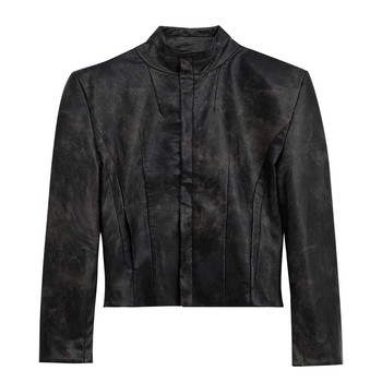 CulturE niche deconstructed vintage distressed silhouette shoulder pad ຫນັງ jacket jacket stand collar ສັ້ນລົດຈັກ jacket ສໍາລັບຜູ້ຊາຍ