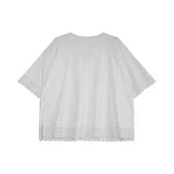 Simple fairy-like elegant cotton knitted lace spliced ​​T-shirt Annie Forest white literary and skin-friendly mid-sleeve top