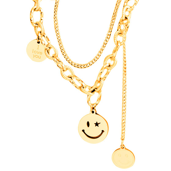 Titanium steel round brand smiley double -layer clavicle chain female hip -hop street cool girl thick chain accessories personalized necklace tide Titanium steel round brand smiley double -layer clavicle chain female hip -hop street cool girl thick chain accessories personalized necklace tide