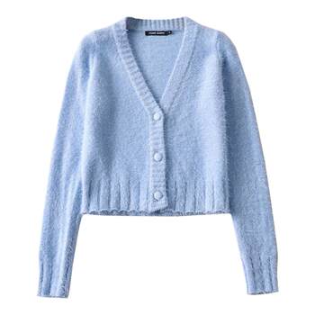 Hot girl slim high-waisted V-neck plush soft and waxy knitted cardigan long-sleeved sweater short jacket 2024 new style