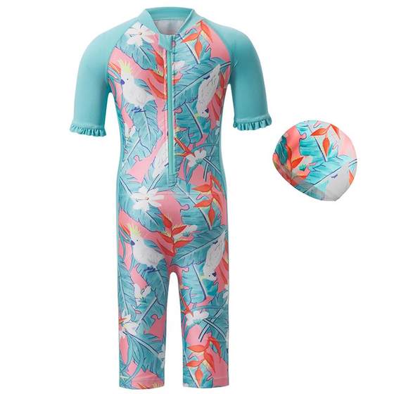 Admiring children's flower parrot girls in summer chlorine-resistant sun protection short-sleeved pinch pants/fly sleeve short skirt one-piece swimsuit Admiring children's flower parrot girls in summer chlorine-resistant sun protection short-sleeved pinch pants/fly sleeve short skirt one-piece swimsuit