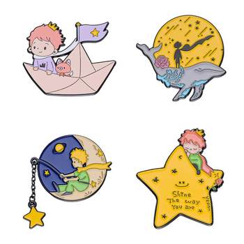 Little Prince Fishing for Stars Cute Japanese Brooch Chain Metal Badge Fox Rose Badge Backpack Accessories Clothing