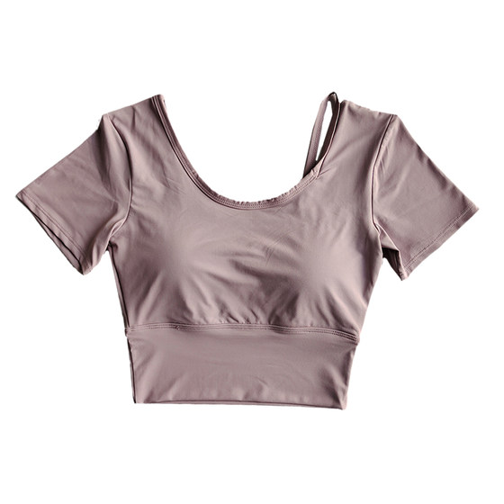 Summer yoga clothing with chest pad sports short -sleeved female tight -fitting navel sexy fast dry dance running fitness clothes T -shirt Summer yoga clothing with chest pad sports short -sleeved female tight -fitting navel sexy fast dry dance running fitness clothes T -shirt