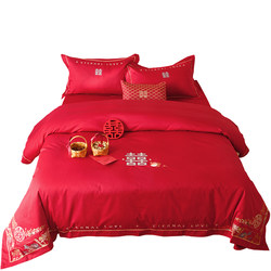 Kunhua Home Textiles 100-count new wedding four-piece set bright red pure cotton simple wedding dowry bedding