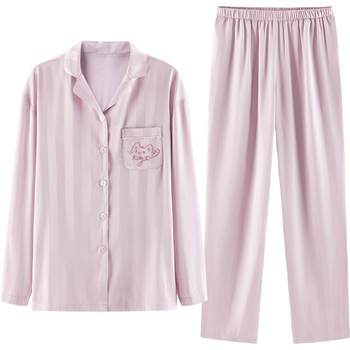 Leding Ice Silk Pajamas Couple Style Women's Spring and Autumn Sleeve Pants Striped Cute Girl New Style ສາມາດໃສ່ນອກເຮືອນໄດ້ ເສື້ອຜ້າ