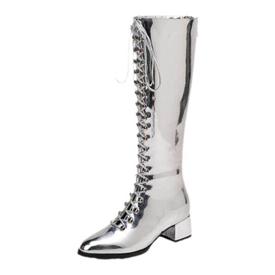 Gold and silver patent leather long boots, thick heel high tube Martin boots, model stage performance competition, small size fashion runway shoes Gold and silver patent leather long boots, thick heel high tube Martin boots, model stage performance competition, small size fashion runway shoes