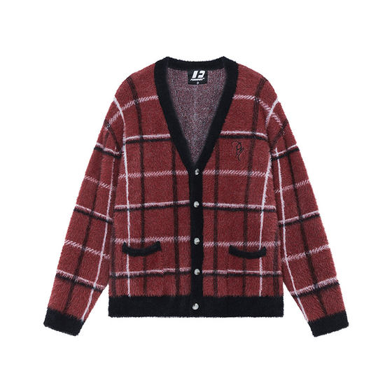 FORNINES imitation mink hair red plaid sweater jacket men and women trendy brand spring and autumn sweater loose V-neck cardigan FORNINES imitation mink hair red plaid sweater jacket men and women trendy brand spring and autumn sweater loose V-neck cardigan