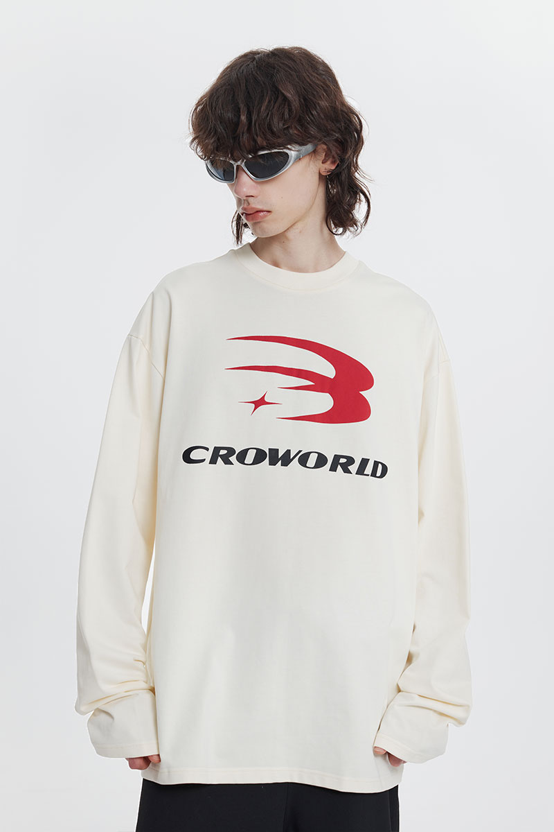 CROWORLD 设计感logo发泡印花长袖T恤多色基础款圆领纯棉百搭上衣