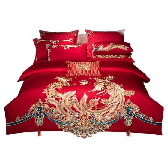 Luxurious Dragon and Phoenix Embroidery Cotton Wedding Four-Piece Set High-end New Chinese Style Big Red Wedding Dow Bedding
Luxurious Dragon and Phoenix Embroidery Cotton Wedding Four-Piece Set High-end New Chinese Style Big Red Wedding Dow Bedding