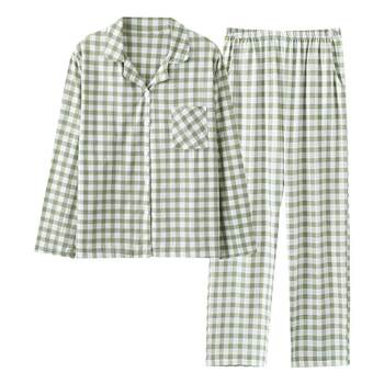 ເສື້ອຢືດແບບຍີ່ປຸ່ນ plaid Xinjiang ຝ້າຍ pajamas ຂອງແມ່ຍິງພາກຮຽນ spring ແລະດູໃບໄມ້ລົ່ນຝ້າຍບໍລິສຸດບາງ plaid trousers ແຂນຍາວສາມາດ worn ຢູ່ນອກເຮືອນຊຸດເຄື່ອງນຸ່ງຫົ່ມ