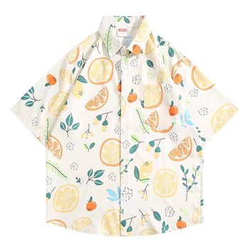 Summer Japanese retro loose style shirt printed lemon bf trend all-over printed versatile casual shirt shirt ເສື້ອແຂນສັ້ນ