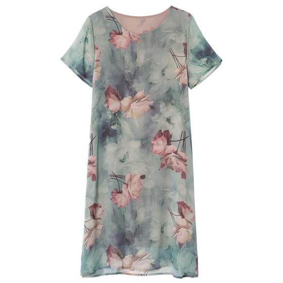 Really silk mother dress in summer mulberry silk skirt fashion printing middle -aged and elderly women's loose large size thin dress Really silk mother dress in summer mulberry silk skirt fashion printing middle -aged and elderly women's loose large size thin dress