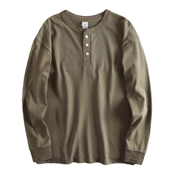 Heavyweight pure cotton t-shirt for men with long sleeves and Japanese retro base, loose and trendy T-shirt top, new Henry shirt Heavyweight pure cotton t-shirt for men with long sleeves and Japanese retro base, loose and trendy T-shirt top, new Henry shirt