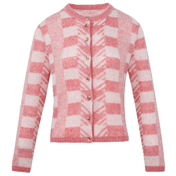 ສີຟ້າຮັກພາກຮຽນ spring ແລະດູໃບໄມ້ລົ່ນໃຫມ່ຂອງແມ່ຍິງສີບົວ Geometric Round Neck Wool ປະສົມຮູບແບບ Cardigan Sweater