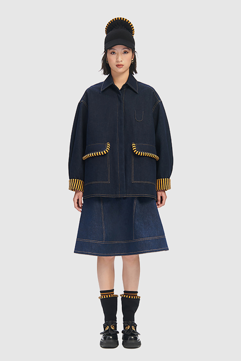 【deepmoss】2023冬季新款女装时尚条纹翻袖牛仔廓形棉服外套上衣