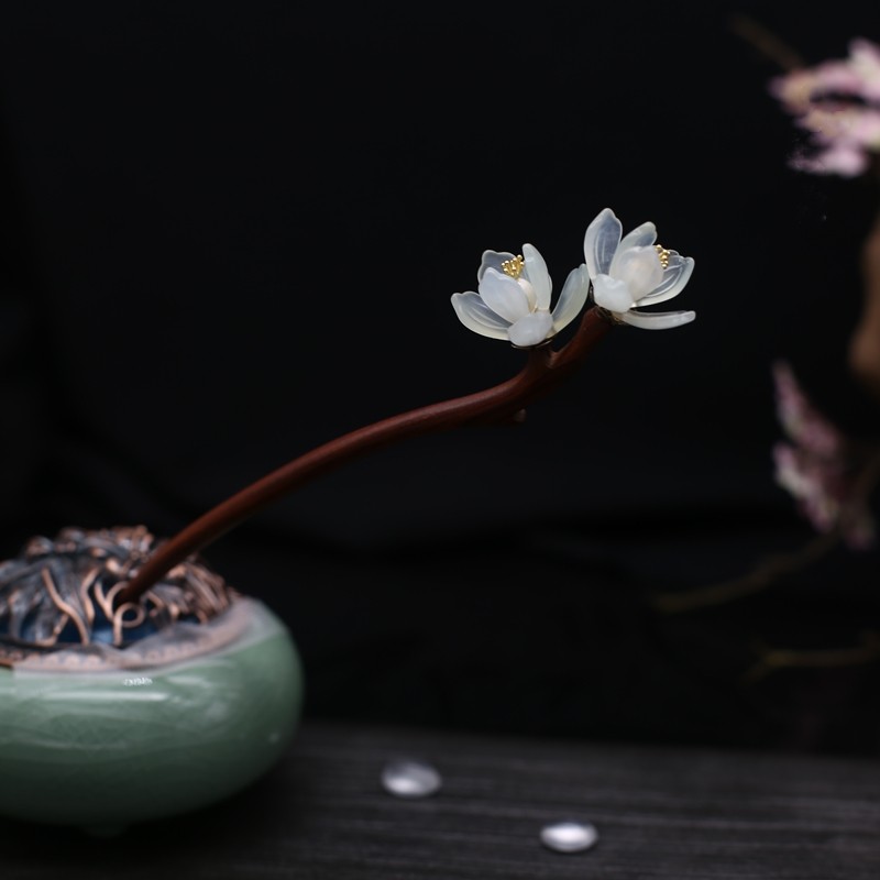 黑檀木古风岫玉簪子手工流苏步摇高级感复古汉服古装盘发头饰女士