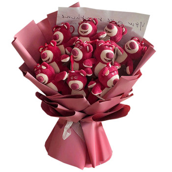 Strawberry Bear Doll Plush Bouquet Handmade ຂອງຂວັນວັນເກີດຂອງເດັກນ້ອຍທີ່ສ້າງສັນສໍາລັບແຟນຮຽນຈົບຮູບ Valentine's Day