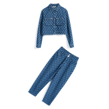 MIUCO niche designer denim jacquard jacket ສັ້ນ + ແອວສູງ tapered pants suit ສໍາລັບແມ່ຍິງ