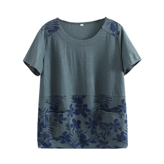Middle -aged and elderly mothers put on tops of summer printed short -sleeved small shirts, large size, loose, covered with belly, national style mother -in -law T -shirt Middle -aged and elderly mothers put on tops of summer printed short -sleeved small shirts, large size, loose, covered with belly, national style mother -in -law T -shirt
