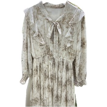 601-699 Apricot off-white autumn new two-piece long-sleeved knitted chiffon shirt top dress HH