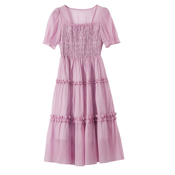 Xiangying Square Neck Dress ແມ່ຍິງ 2024 Summer New Slim ແອວສູງ skirt ໃນໄລຍະ Knee Puff Sleeve Tea Break Dress