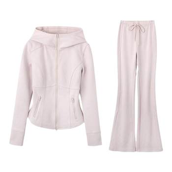 Han Yujia slim waist casual suit women's early spring hooded sweatshirt zipper jacket micro-flared floor-length pants set two-piece