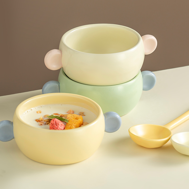 onlycook彩色双耳陶瓷碗可爱儿童碗小孩专用吃饭小碗宝宝餐具饭碗
