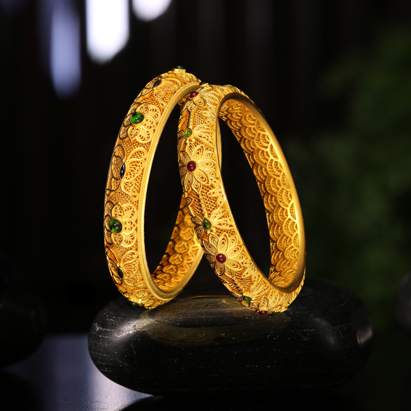 宫廷正品999足金手镯足金999黄金古法花丝镶嵌一品青莲镯子送礼女