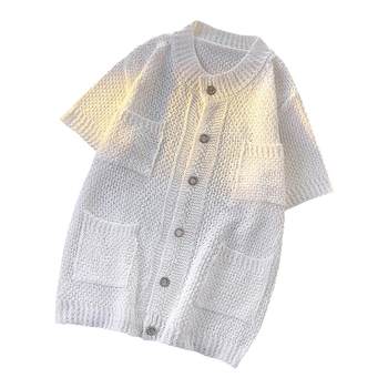 ເສື້ອຢືດຖັກແສ່ວ Cargo pocket knitted sweater for men and women, short-sleeved, simple, casual, loose, handsome, half-sleeved, bf-style cardigan vest for summer