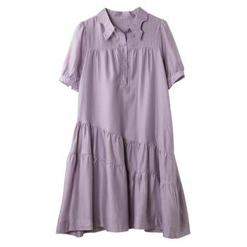 Boucherie POLO collar dress chiffon ແຂນສັ້ນ 2024 summer ໃຫມ່ສີແຂງແບບງ່າຍດາຍເສື້ອກາງຍາວວ່າງ.