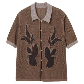 Physics Boy Brown Coffee Twin Flower Khaki Retro Mosaic Pattern Jacquard Loose Short-Sleeved Knitted Cardigan Summer