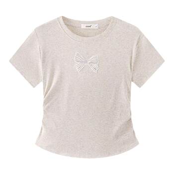 ສີຄີມ Universe Embroidered Bow Front Shoulder Short Sleeve T-Shirt Women's Japanese Ins Style Short Top Summer Style New