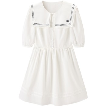 ປ່ອຍໃຫ້ເສື້ອ Navy Collar Dress 24th Spring New Exquisite Lace Girly College Style Dress Mid-Sleeve White
