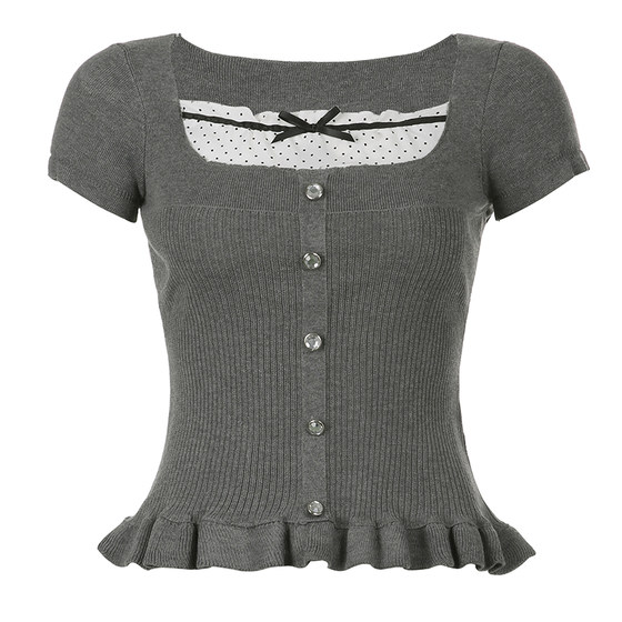 Amyway French retro lace polka dot bow splicing button top slim and versatile pure and short sleeves
Amyway French retro lace polka dot bow splicing button top slim and versatile pure and short sleeves