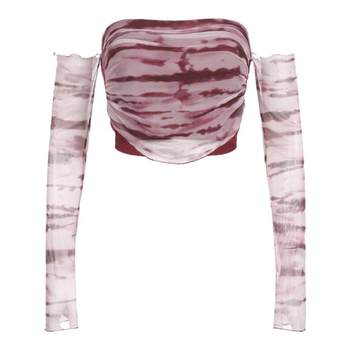 WEEKEEP retro plum red dreamy blooming printed mesh tube top + sleeves one-shoulder thin top for women summer