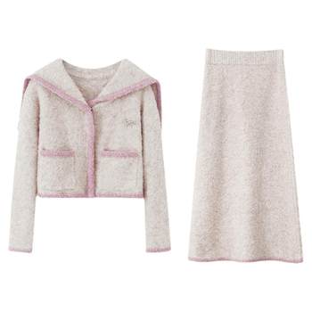 ການອອກແບບດູໃບໄມ້ລົ່ນແລະລະດູຫນາວ niche soft waxy sweater cardigan coat skirt suits for women thickened