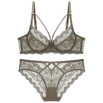 MidnightBlue sexy ສີດໍາ ultra-ບາງໆ double-breasted ເດັກຍິງ underwire bra set lace