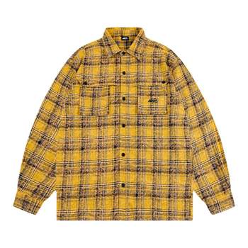 Makemore plaid shirt men's yellow embroidered cotton shirt American retro loose long-sleeved women's couple jackets