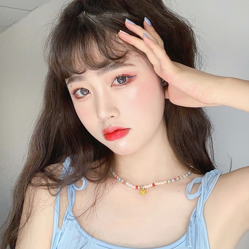 原创彩色串珠项链小设计感珍珠笑脸锁骨项圈可爱新款女周雨彤万鹏
