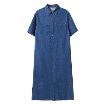 ສິ້ນ denim ຍາວ dress 2024 ໃຫມ່ summer ບາງໆຂອງແມ່ຍິງເສື້ອແຂນສັ້ນ dress dress skirt ຂະຫນາດນ້ອຍ