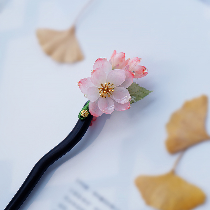 手工热缩海棠花发簪天然黑檀木盘发簪子古风新中式木簪简约流苏女